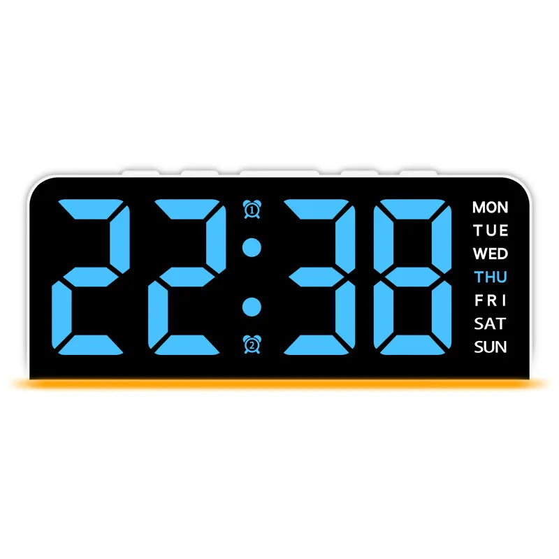 A digital alarm clock displaying 22:38 with dual alarms and a mood light feature.