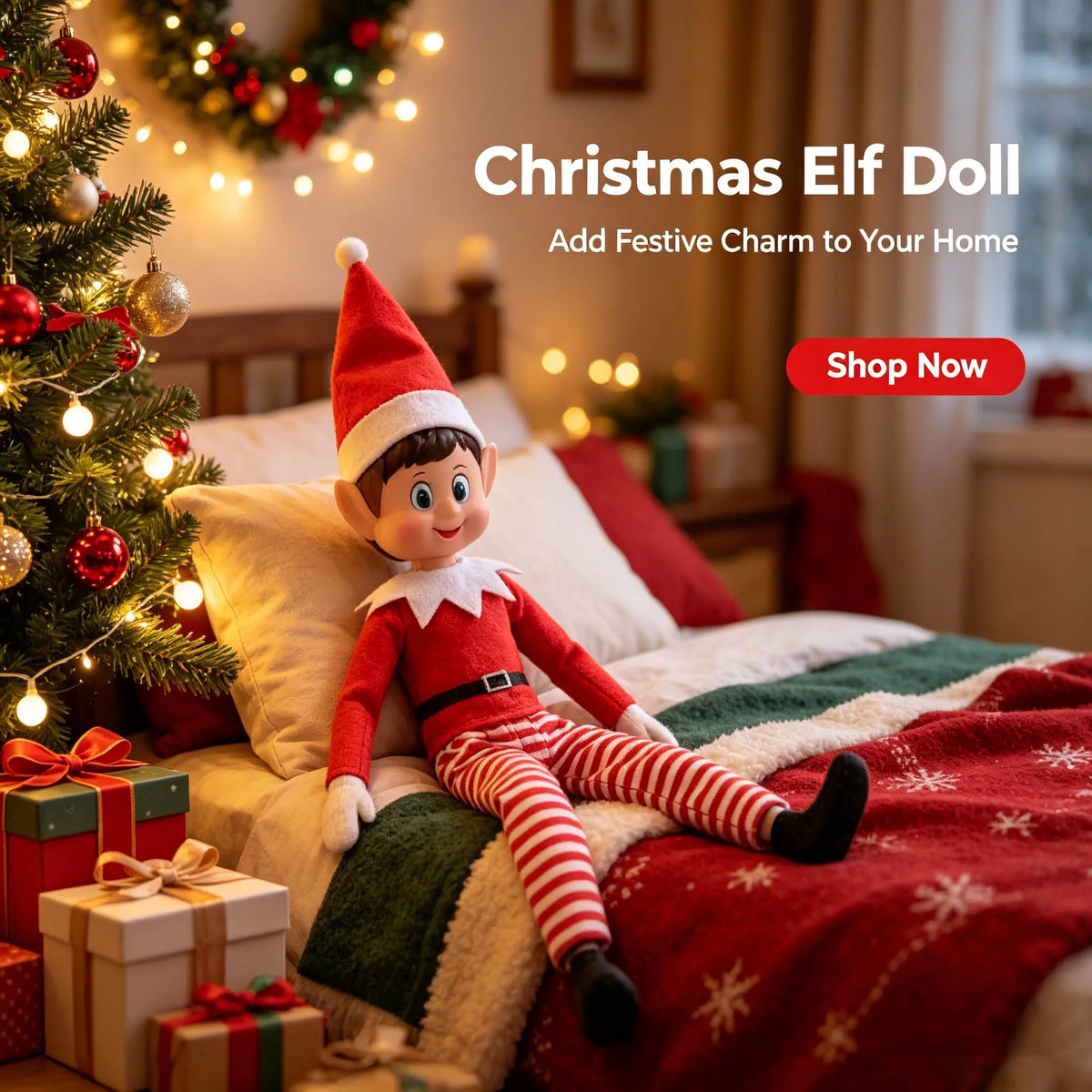 A plush Christmas elf doll wearing a red hat and outfit sitting on a bed with festive holiday decorations.