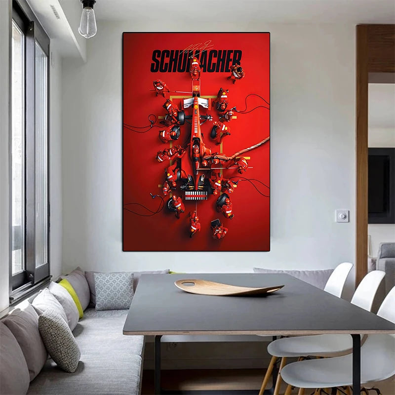 Impresión en lienzo con fondo rojo e imagen de la pared de carreras de Michael Schumacher.