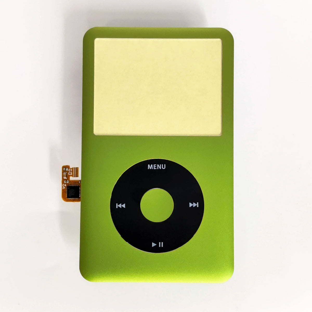 A green iPod front faceplate with a yellow screen and a black clickwheel replacement kit.