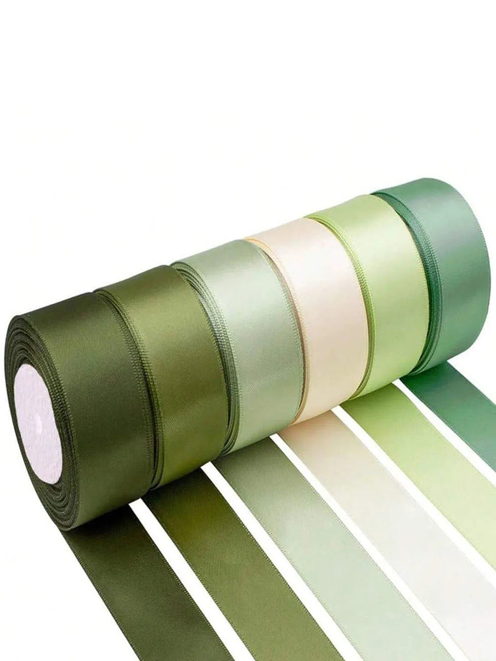 Roll of satin silk ribbon in olive green, cream, and light green colors.