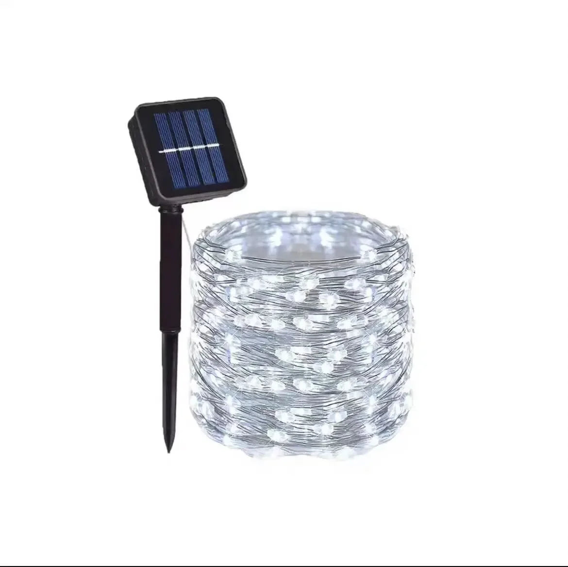 A bundle of clear fairy lights is shown next to a small solar panel.