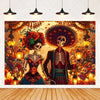 A vibrant Day of the Dead fiesta photo backdrop featuring colorful floral skull designs and skeletons.