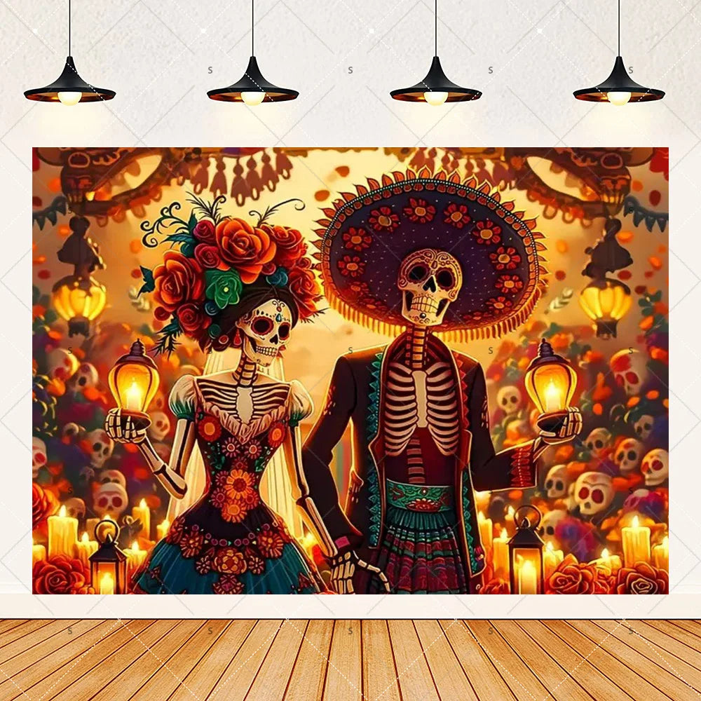 A vibrant Day of the Dead fiesta photo backdrop featuring colorful floral skull designs and skeletons.