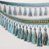 Blue teal tassel fringe trim with gold embroidery for curtains and DIY projects
