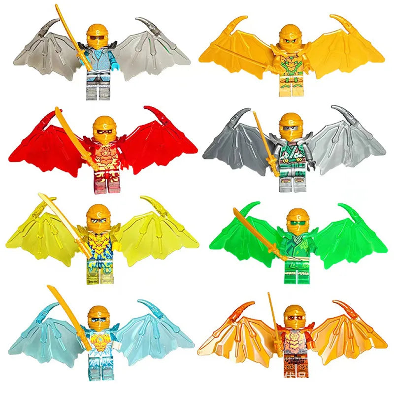 A collection of golden ninja building block figures in various colors and outfits.