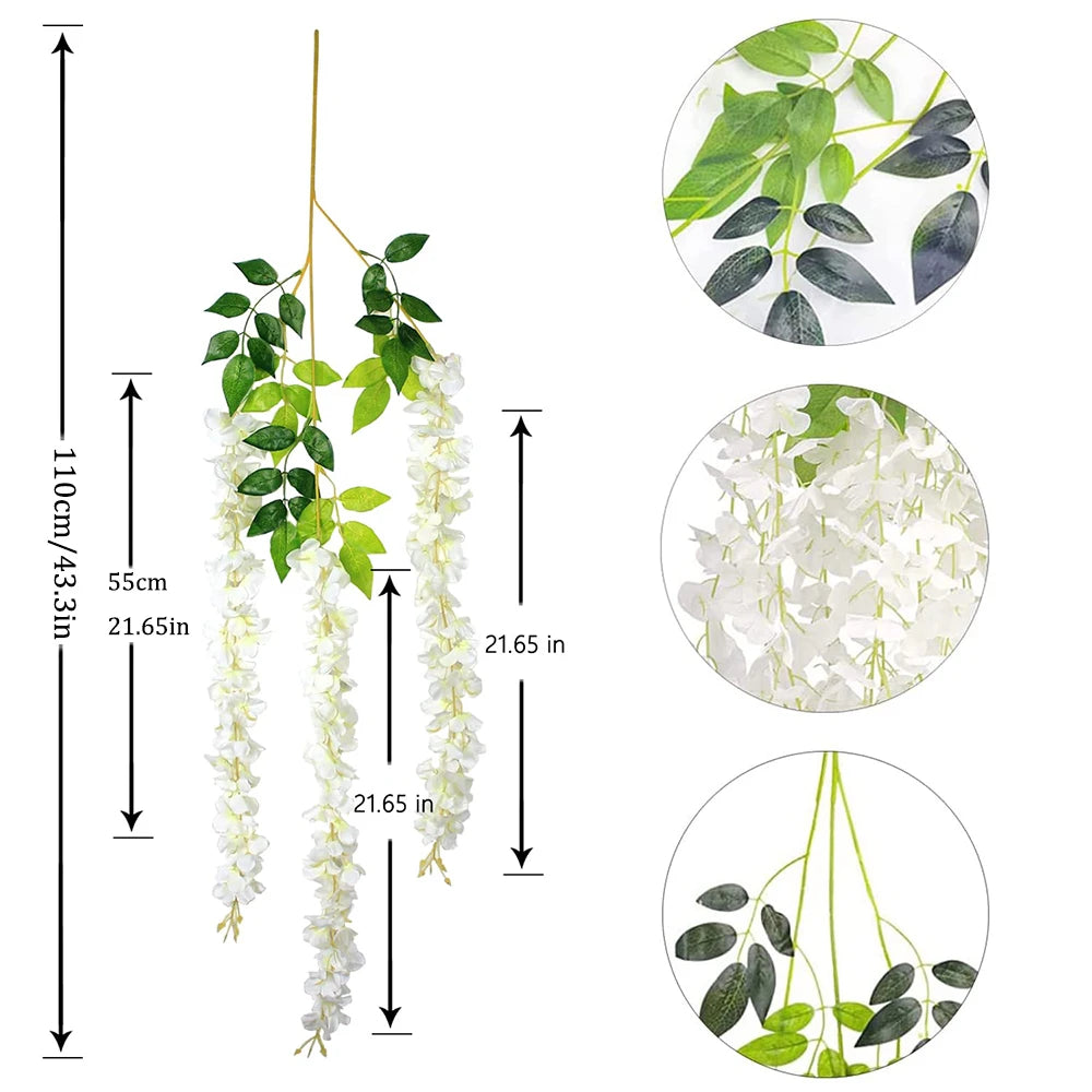 Artificial wisteria flower garland featuring green leaves and white blossoms displayed in various close-up views.