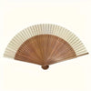 A classic bamboo folding fan with a light beige and brown striped design and decorative pendant.