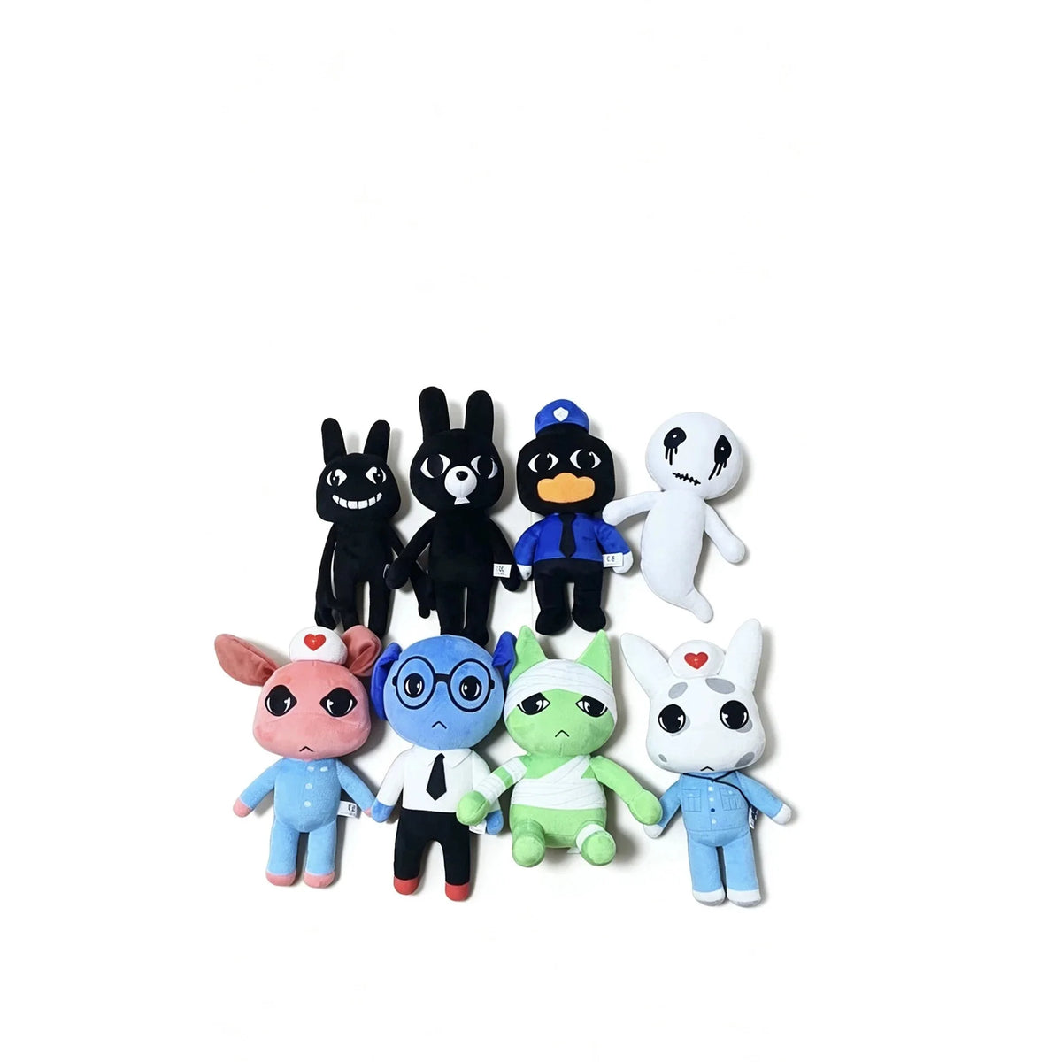 A collection of blue dog plush toys featuring various animal characters including a black cat, a dark dog, and a white rabbit