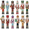 A collection of wooden nutcracker soldiers in various outfits and colors for Christmas ornaments.