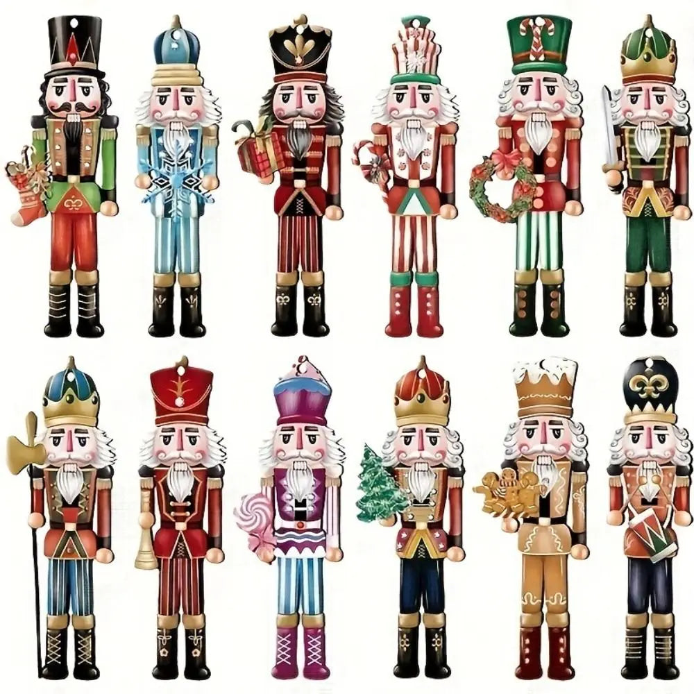 A collection of wooden nutcracker soldiers in various outfits and colors for Christmas ornaments.