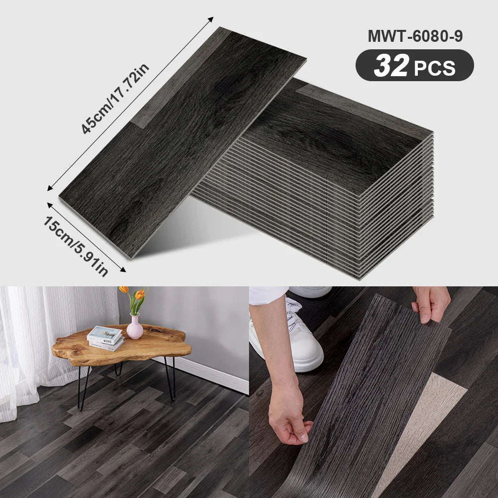 A package of dark gray wood grain peel-and-stick flooring and wall stickers, showing a sample piece and installation on a woo