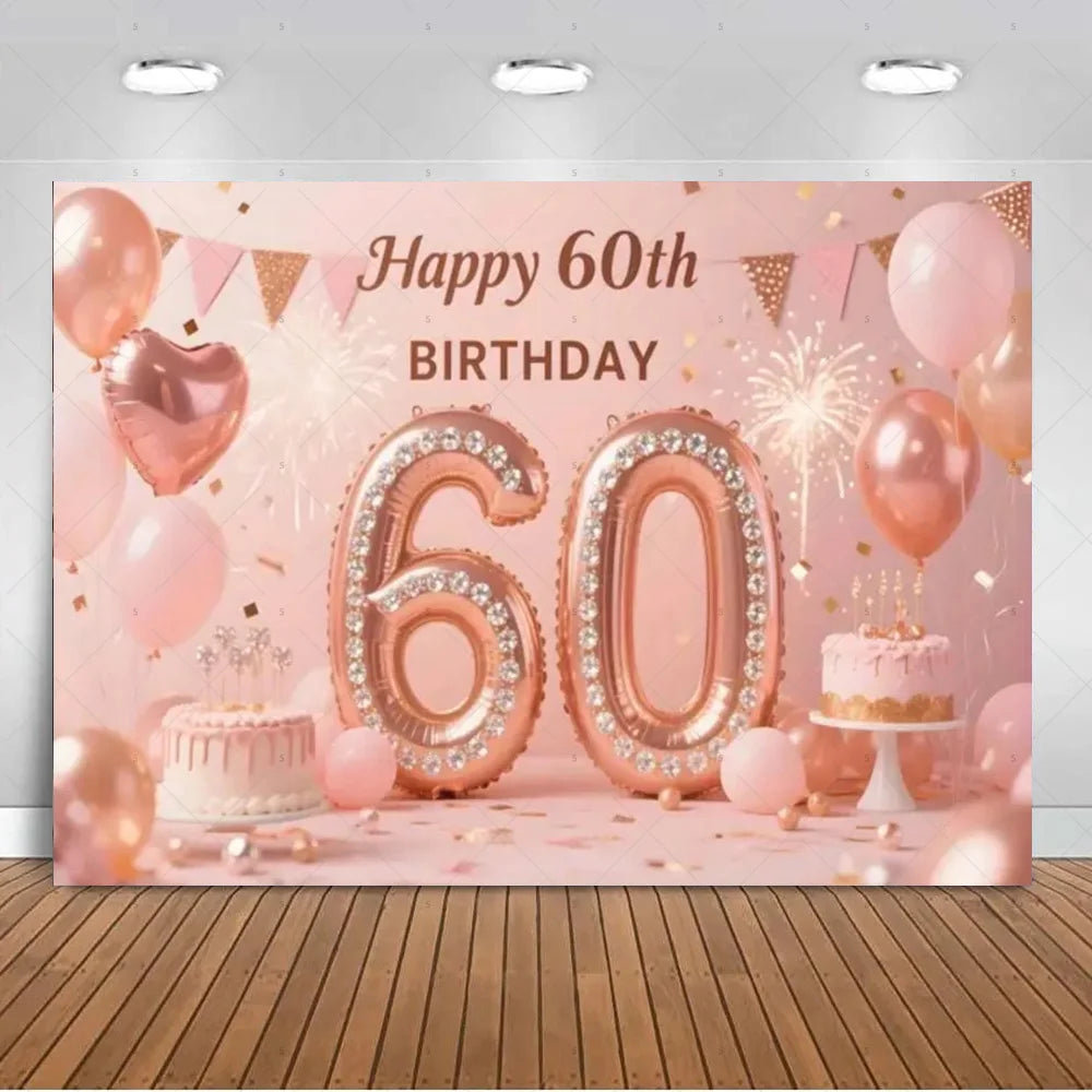 A pink and gold balloon backdrop for a 60th birthday party featuring large foil number balloons and confetti.