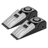 A pair of black door stop security alarms with silver plates and sensitivity settings.