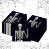 A dark square box features illustrations of a human skeleton and a spider, set against a background of thin black lines resem