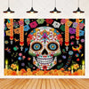A vibrant Day of the Dead fiesta photo backdrop featuring a colorful floral skull design with intricate patterns.