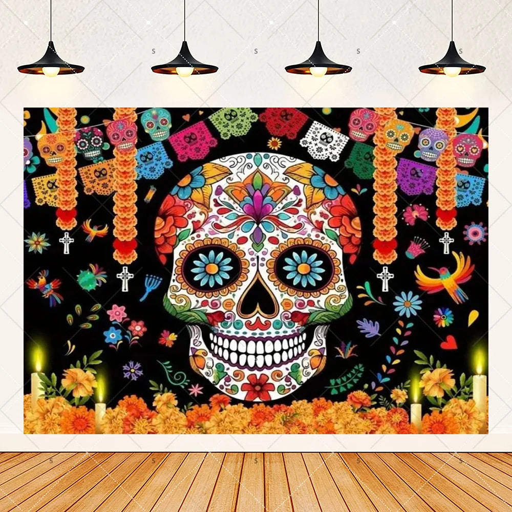 A vibrant Day of the Dead fiesta photo backdrop featuring a colorful floral skull design with intricate patterns.