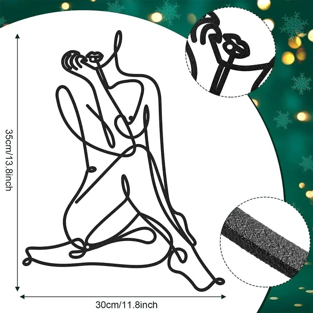 Black line art drawing of a person in a relaxed pose for minimalist abstract face metal wall art