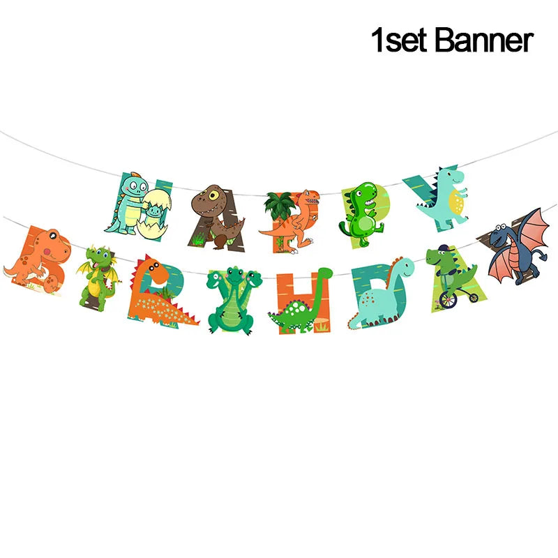 A set of dinosaur-themed banner featuring various dinosaur illustrations hanging on a string.