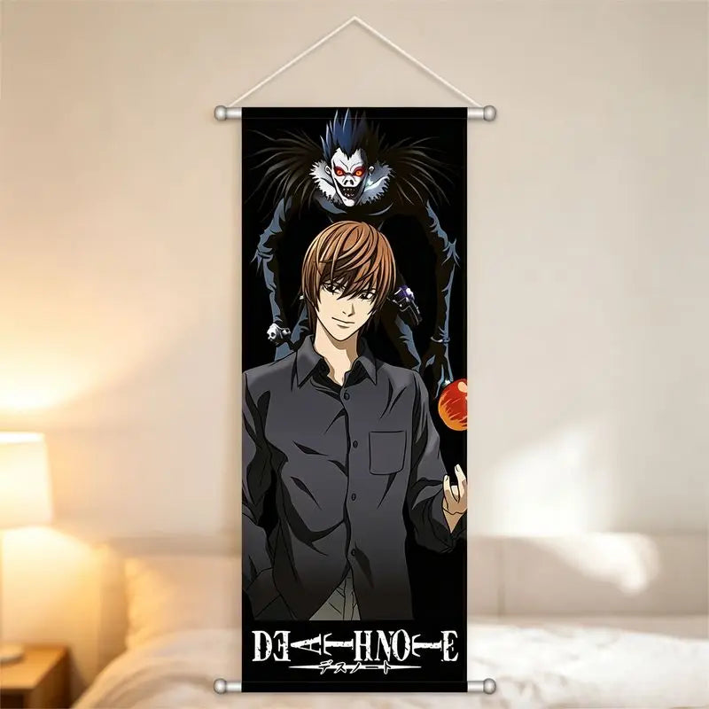 A vertical anime poster featuring a dark-haired male character and a menacing black-feathered entity.