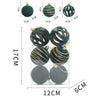 Set of velvet Christmas tree hanging ornaments in green and gold stripes, displayed with size measurements.