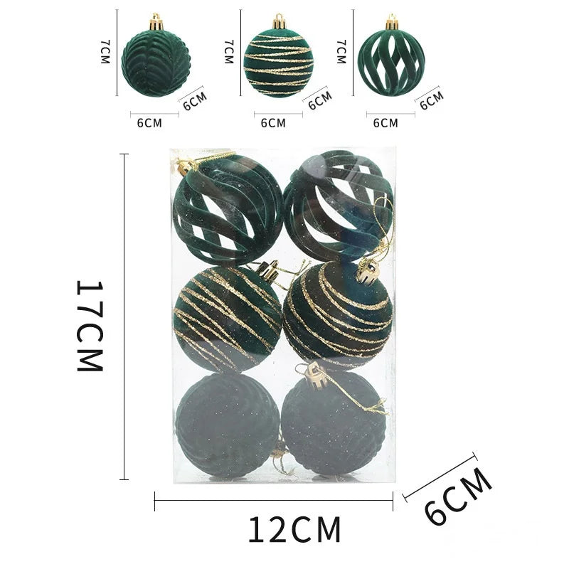 Set of velvet Christmas tree hanging ornaments in green and gold stripes, displayed with size measurements.