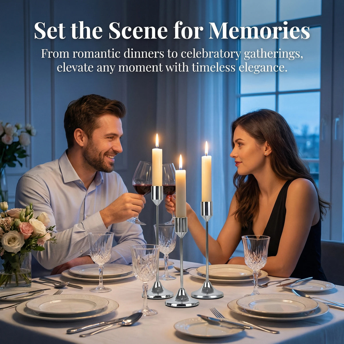 A woman and a man enjoy a romantic dinner setting with wine glasses and candles on a table.