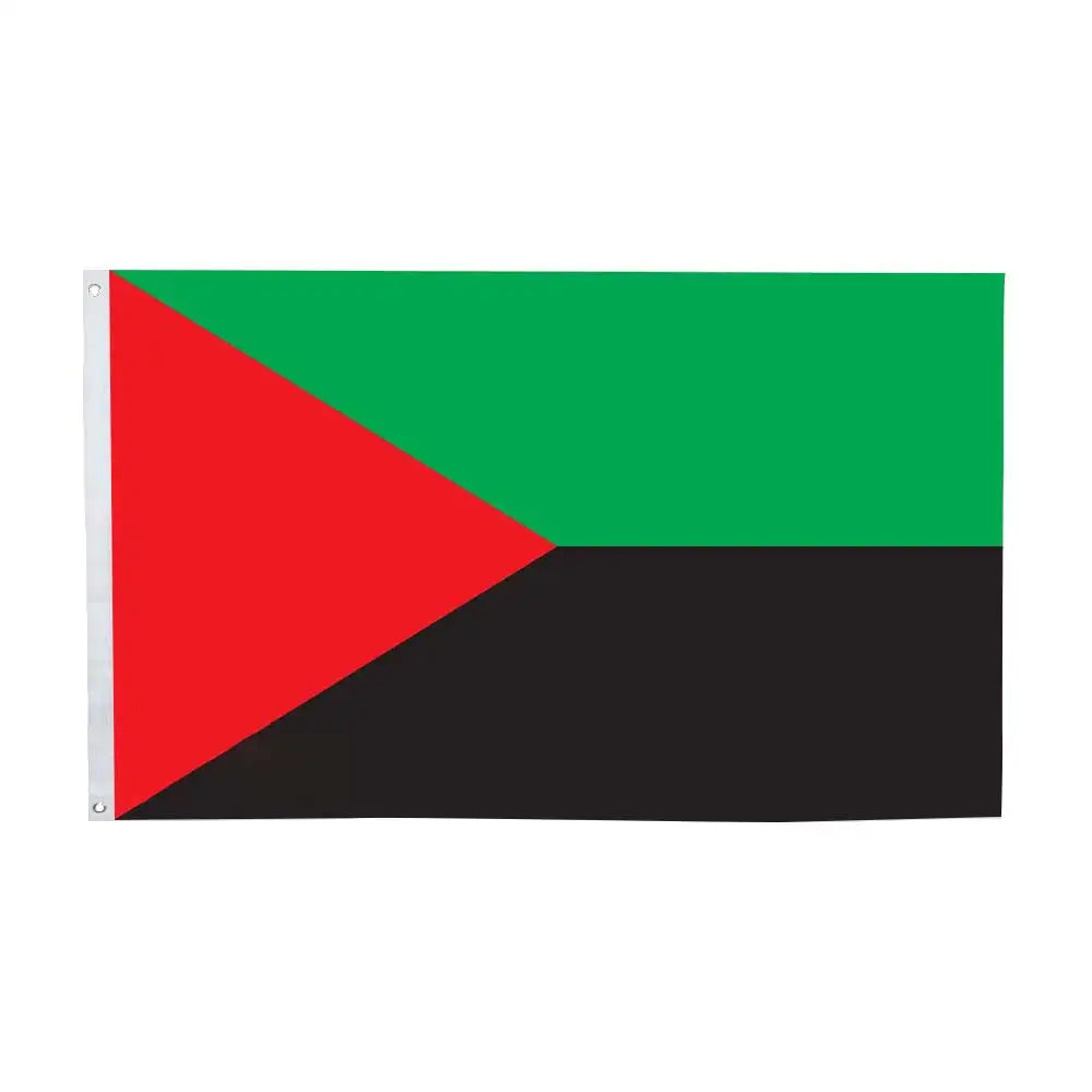 A rectangular flag design featuring red, green, and black triangles arranged in a vertical pattern.