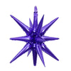 A cluster of purple star burst foil balloons with sharp points.