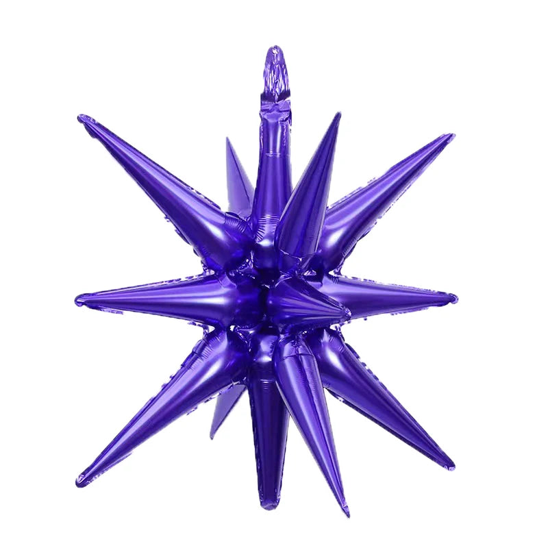 A cluster of purple star burst foil balloons with sharp points.