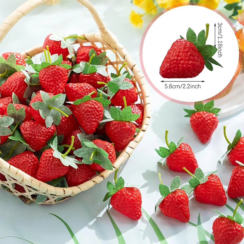 A woven basket filled with bright red artificial strawberries, showing a close-up of the fruit and its size.