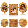 Vintage gold oval miniature photo frames for dollhouse decor featuring ornate gold frames and a gold ring.
