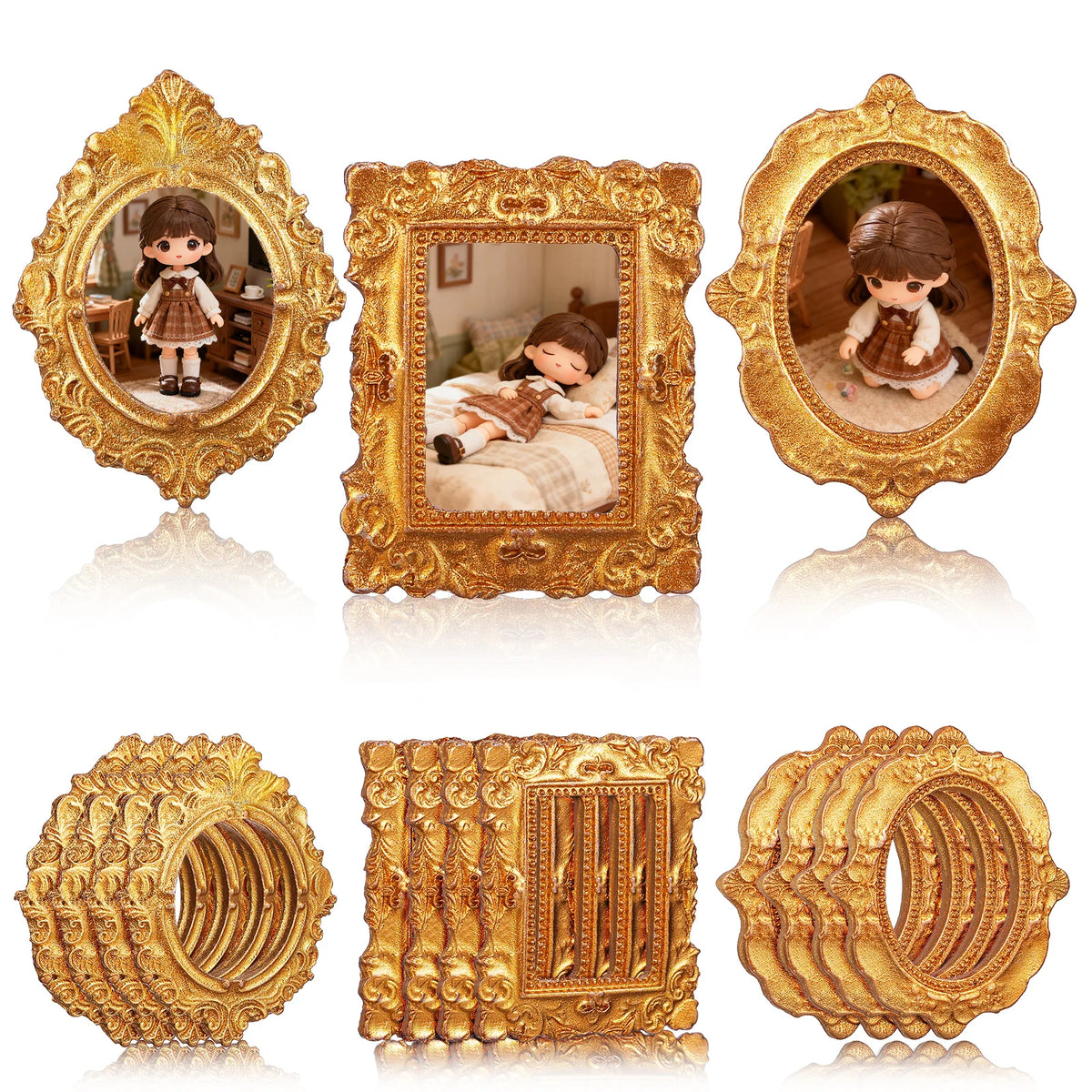Vintage gold oval miniature photo frames for dollhouse decor featuring ornate gold frames and a gold ring.