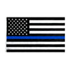 A black and white flag featuring a blue horizontal stripe and embroidered stars.