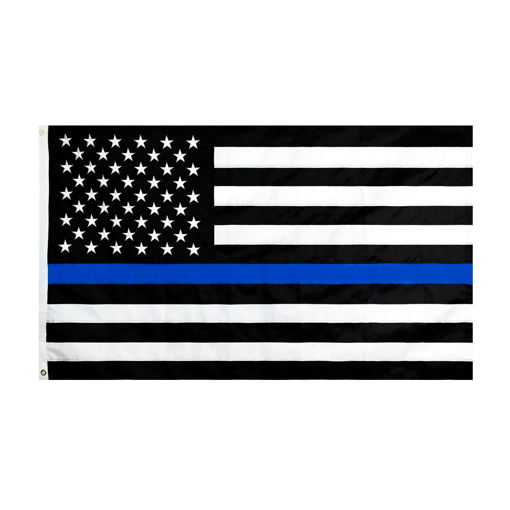 A black and white flag featuring a blue horizontal stripe and embroidered stars.