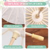 Detail presentation of a handcrafted white oil paper umbrella showing the paper, sturdy skeleton, stainless steel buckle, and