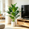 A large artificial Bird of Paradise plant in a white pot sits on a wooden shelf next to a television.