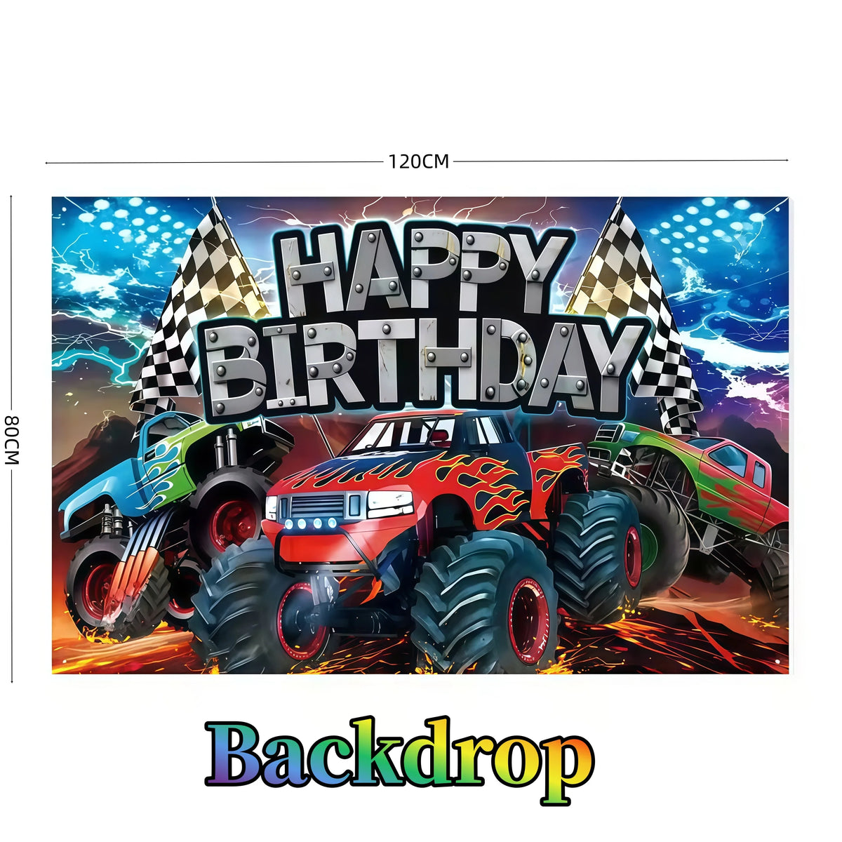 A large backdrop featuring monster trucks, checkered flags, and a birthday theme for a party.