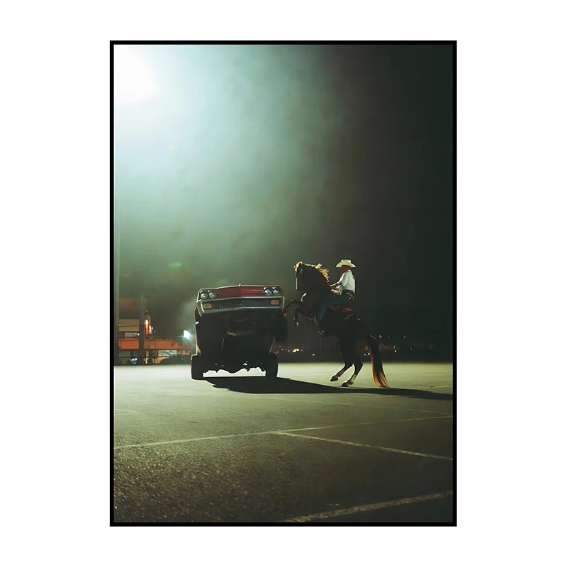 A silhouette of a cowboy riding a horse on an open road under hazy light.