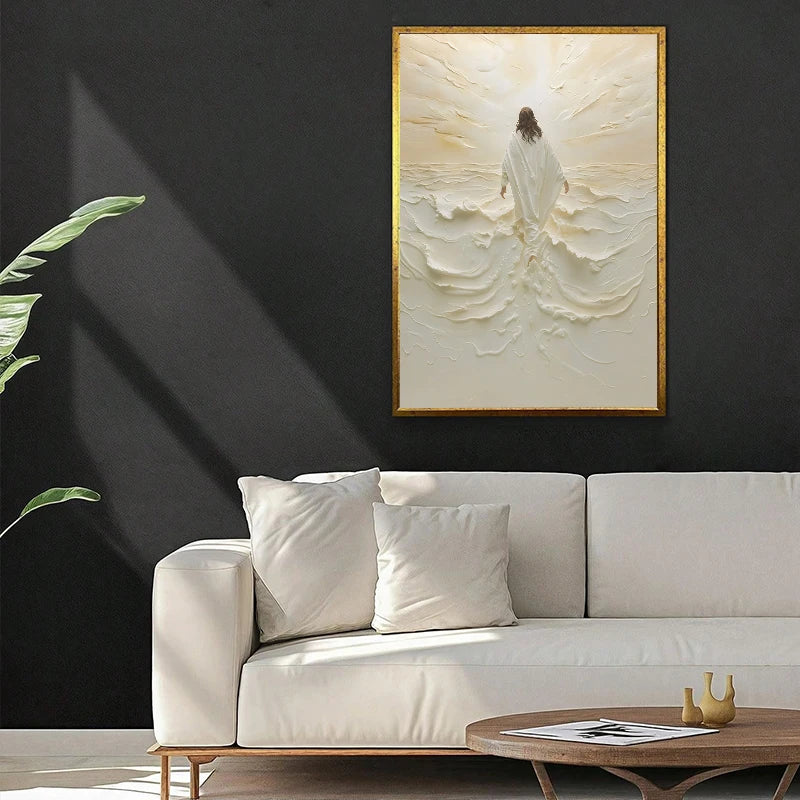 A framed canvas art print depicting Jesus walking on water in a bright, textured style, displayed above a modern sofa.