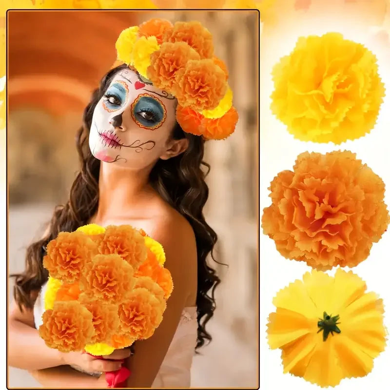 A woman wearing face paint and a flower crown, holding artificial orange and yellow carnation and marigold flower heads for f