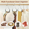 A multi-functional closet organizer displaying various hangers for hats, scarves, and bags on a wooden rack.