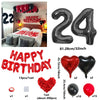 A set of red and black birthday balloons including a 24-inch foil balloon, heart-shaped balloons, and solid colored balloons.