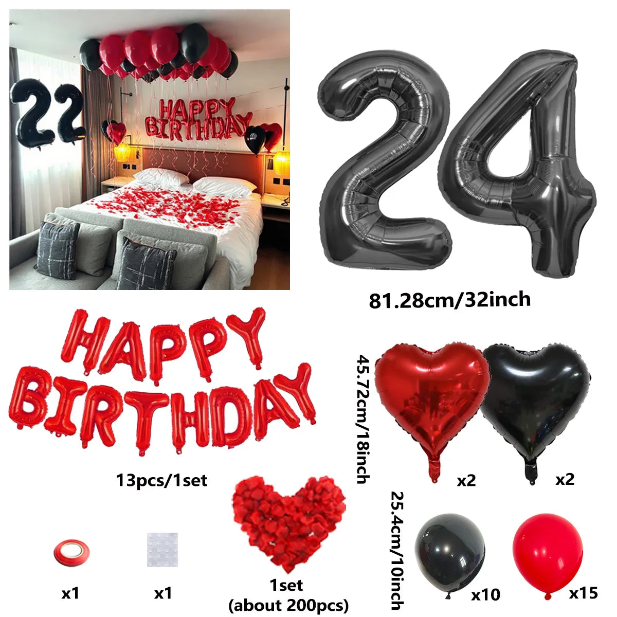 A set of red and black birthday balloons including a 24-inch foil balloon, heart-shaped balloons, and solid colored balloons.