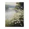 A painting depicting a field of white daisies and green foliage along a body of water under a soft sky.