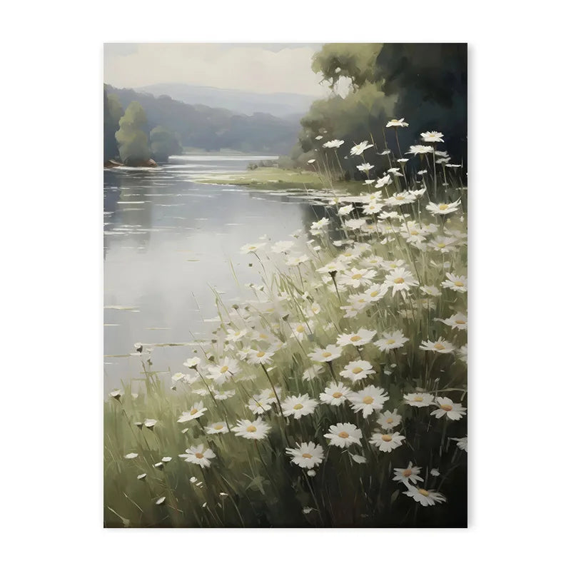 A painting depicting a field of white daisies and green foliage along a body of water under a soft sky.