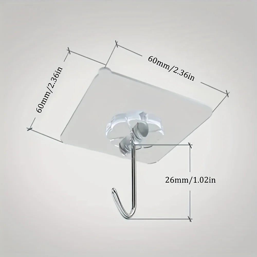 A white heavy duty self-adhesive wall hook with a curved metal hanger shown from above.