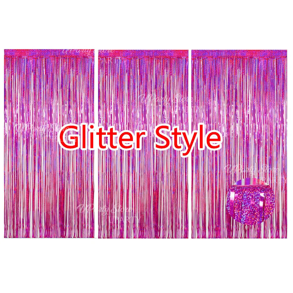 Three vertical strands of shimmering pink glitter fringe curtains hanging down.