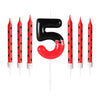 A set of five cartoon number candles shaped like the number 5, featuring red and black mouse designs.
