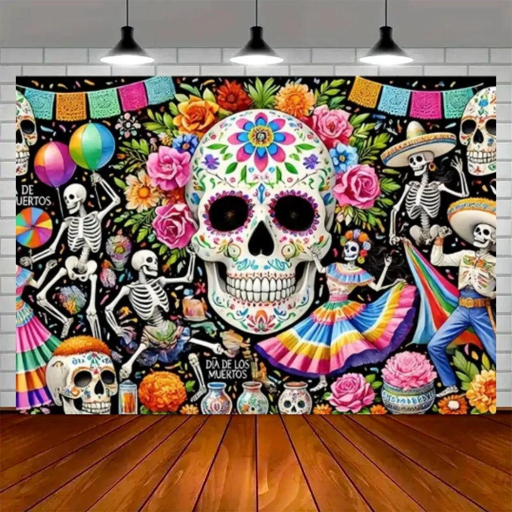 Day of the Dead Skeleton Carnival Backdrop for Halloween Party Decorations